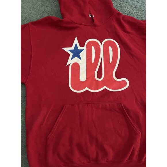 Jerzees Red Hoodie with White and Blue Design - Picture 2 of 14